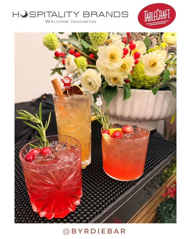 Holiday cocktails just hit different in the right glass. 🎄✨

@byrdiebar is serving up festive sips in stunning @hospitalitybrands glassware — topped with @tablecraft_fs picks for that perfect finishing touch.

🍸✨Want to elevate your bar program this season? Reach out and let’s style your setup!