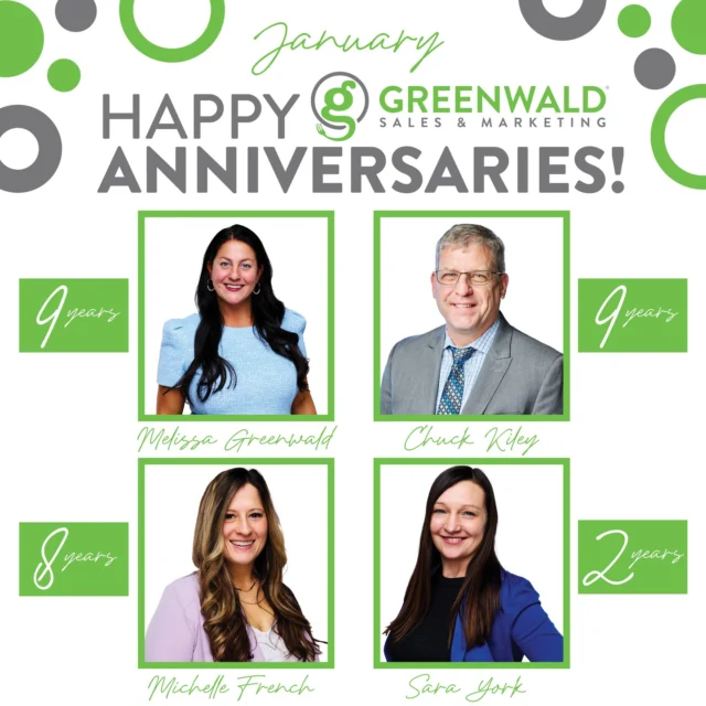 This month, we’re celebrating four incredible Greenwald Sales & Marketing anniversaries — Melissa, Chuck, Michelle, and Sara!

We’re beyond thankful for the passion, dedication, and heart they bring every single day. 💚✨

Help us celebrate these four — drop a congratulations in the comments! 🎉